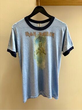 Iron Maiden VTG early 80s baby blue raglan T-shirt Sport T by Stedman S/M